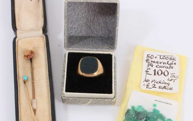 9ct gold signet ring with polished bloodstone panel, Victorian 15ct gold diamond stick pin, turquoise cabochon stick pin and a collection of loose emeralds