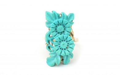 A 14 karat gold turquoise ring. featuring a carving of turquoise in a floral decor. Gross weight: 9.5 g.