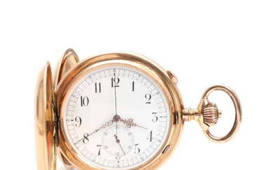 A 14k gold hunter cased pocket watch with repetition and chronograph, white...