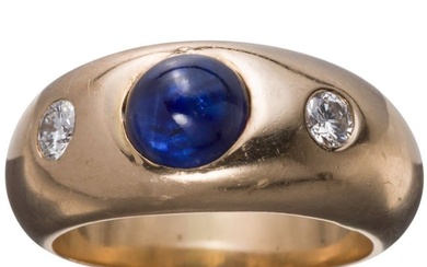 A 14kt gold band ring with sapphire cabochon and diamonds