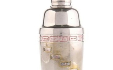A 1930'S SILVER-PLATED "RECIPE" COCKTAIL SHAKER, with