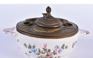 A 19TH CENTURY FRENCH TIN GLAZED POTTERY INKWELL painted wit...