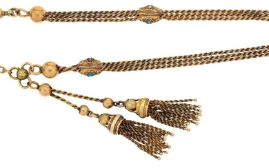 A 19th century lady's gold watch chain, of triple row rope link design to twin tassel terminals, with later gold T-bar (stamped 18ct) and turquoise and half-pearl set twin slides, length 36cm, including tassels, approximate gross weight 33g, c.1880