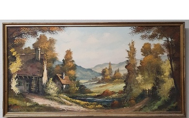 A 20th Century Oil On Canvas of a country scene with cottage...