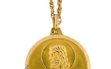 A 20th century religious medallion pendant and chain, the medallion depicting a raised image of Christ on one side and the Madonna and infant Christ on the other, diam. 3.0cm, to a fancy link neckchain, length 66.0cm