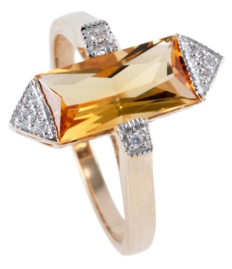 A 9CT GOLD DECO STYLE CITRINE AND DIAMOND RING; centring a rectangular cut citrine to shoulders and pyramidal ends set with round br...