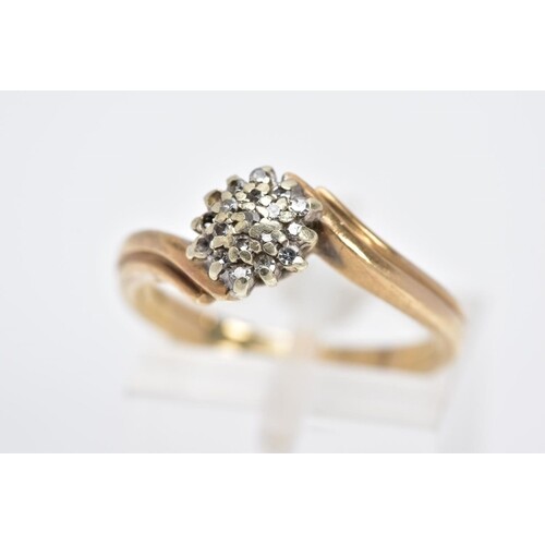A 9CT GOLD DIAMOND CLUSTER RING, the cluster set with single...