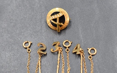 A 9ct gold Avon 'Highest Honour' brooch and three 9ct gold numerical stick pins, approx 5.7g total