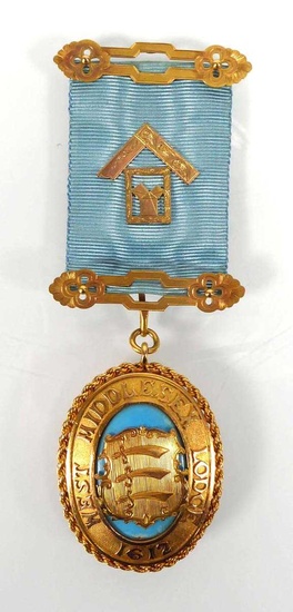 A 9ct yellow gold West Middlesex Lodge masonic jewel suspended...