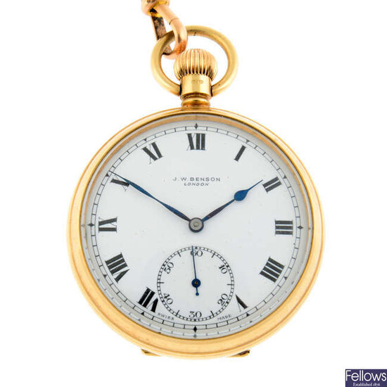 A 9ct yellow gold open face pocket watch with 9ct yellow gold chain and mounted sovereign coin, 48mm.