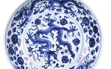 A BLUE AND WHITE DRAGON PLATE