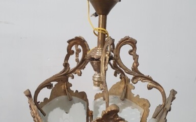 A BRASS AND ETCHED GLASS HANGING LANTERN