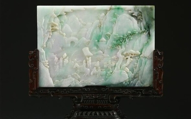A CARVED JADEITE LANDSCAPE AND FIGURES TABLE-SCREEN