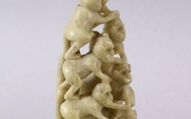 A CHINESE CARVED SOAPSTONE FIGURE OF MONKEYS, the