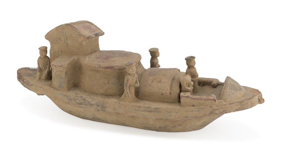 A CHINESE TERRACOTTA SCULPTURE REPRESENTING A SHIP WITH ATTENDENTS. 20TH CENTURY.