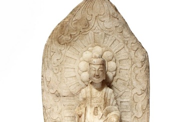 A CHINESE WHITE MARBLE STATUE OF STANDING BUDDHA