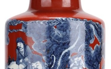A CORAL-RED BLUE AND WHITE CHARACTER STORY ROULEAU VASE