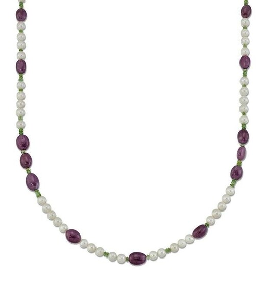 A CULTURED PEARL, RUBY AND TSAVORITE GARNET NECKLACE