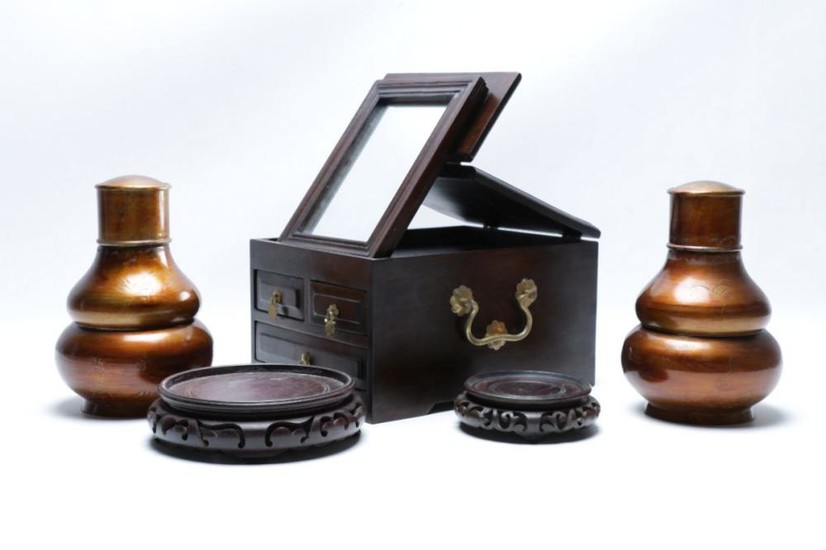 A Chinese Dresser Box with Fitted Mirror Together with Rosewood Vase Stands and A Pair of Tea Canisters