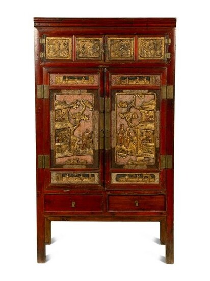 A Chinese Hardwood and Parcel Gilt Cabinet Height 69 x