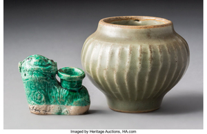 A Chinese Porcelain Water Dropper and Celadon Porcelain Ribbed Jar (17th century)