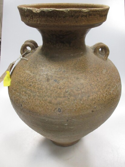 A Chinese ash glazed pottery large cup necked vase, probably Western Han Dynasty, with twin lug