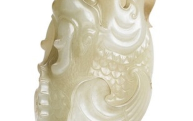 A Chinese carp jade vase that strikes a curl on the tail of the ocean waves. Late Qing, c. 1900. Weight 252 g. H. 12.5 cm.