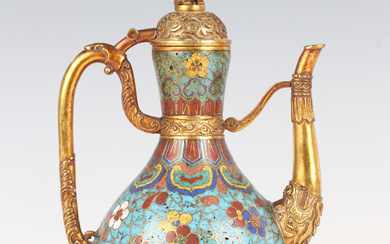 A Chinese cloisonné enamel and gilt copper ewer, mark and period of Qianlong, the pear-form bod