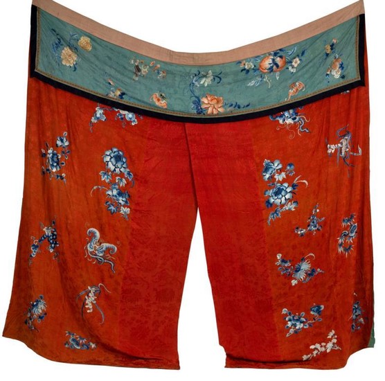 A Chinese embroidered bed hanging, 19th Century, decorated blue...