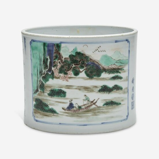 A Chinese famille verte-decorated porcelain brush pot