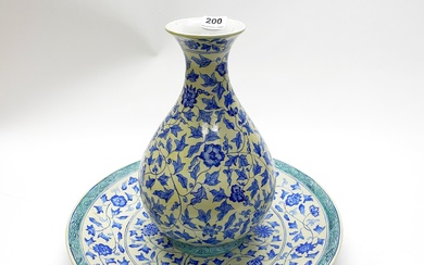 A Chinese handpainted porcelain vase and similar charger, vase H. 37cm. Charger Dia. 48cm.