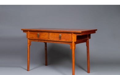 A Chinese huanghuali wooden two-drawer recessed-leg table, 1...