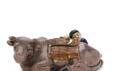 A Chinese late Qing/early Republic pottery censer in shape of a sleepy boy and his ox. L. 21 cm.
