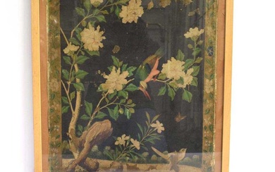 A Chinese painting on fabric depicting an exotic bird resting...