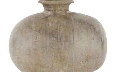 A Chinese pottery 'cocoon' vase, Han Dynasty, the globular-bodied vessel modelled of greyish brown clay, standing on a gently splayed foot, 22.5cm high. 漢 陶彩繪茧形壶