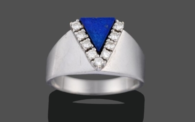 A Contemporary Lapis Lazuli and Diamond Ring, a triangular panel...
