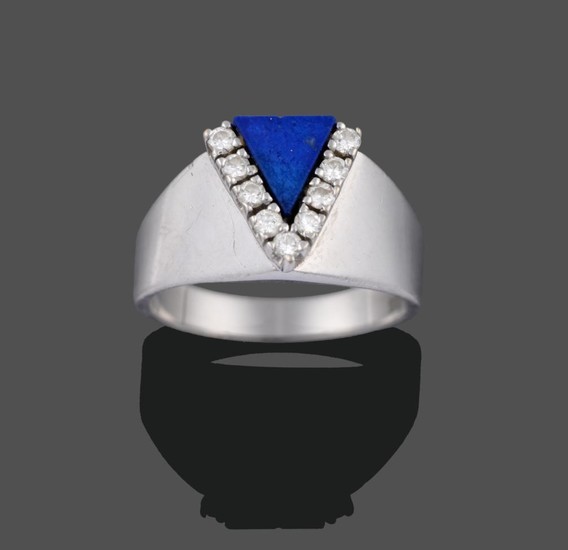 A Contemporary Lapis Lazuli and Diamond Ring, a triangular panel...
