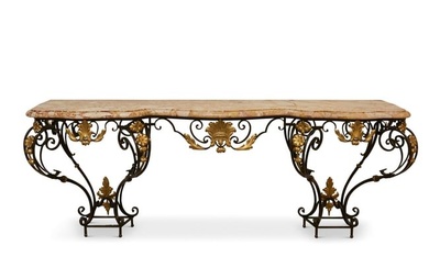 A Continental wrought iron and marble console