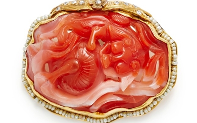 A Coral, Seed Pearl, Diamond and Gold Brooch