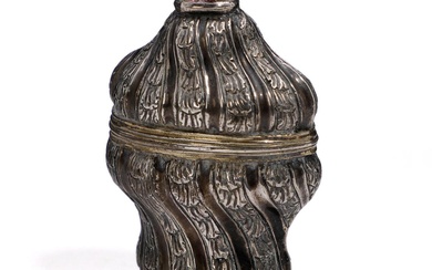 A Danish spiral-fluted Rococo silver vinaigrette bossed with ornamental bands, finial with...