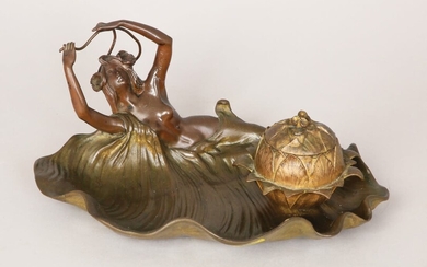 A EUROPEAN BRONZE INKWELL IN THE FORM OF A YOUNG WOMAN