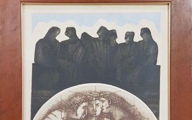 A European Etching 'The Gathering"ed 32/100, 42 x 46cm (frame), signed 'Paricio'lower right
