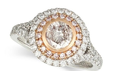 A FANCY PINK DIAMOND RING in 18ct rose gold and platinum, set with a round brilliant cut pink