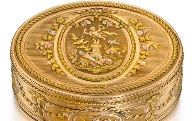 A FOUR-COLOUR GOLD BOX WITH CONCEALED TIMEPIECE AND MINIATURE, PROBABLY HANAU, CIRCA 1775