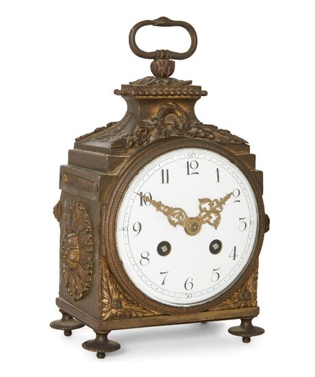 A French bronze striking mantel clock, early 20th century, the case with traces of gilding, having relief decoration of oak leaf wreath and foliate designs, surmounted by swing handle, on toupee feet, the white enamel dial with Arabic numerals...