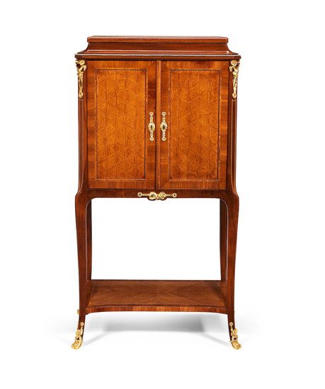 A French early 20th century mahogany, kingwood, parquetry and gilt metal mounted cabinet on stand