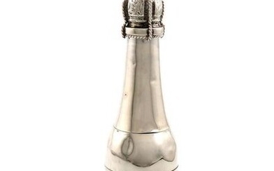 A French novelty electroplated Champagne bottle, by L. Roussel, B de la Madeline, Paris, the bottle opens in three places to reveal a compartment, a slide drawer probably for vestas, and the cork comes off to reveal a table cigar lighter or bitters...