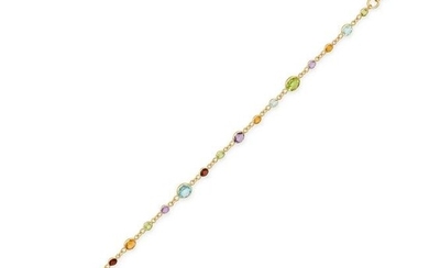 A GEMSET BRACELET in 18ct yellow gold, comprising a row of round cut peridot, amethyst, garnet, and