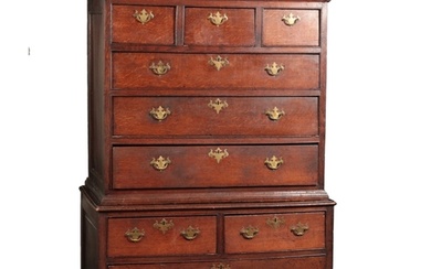 A GEORGE III OAK CHEST ON CHEST late 18th century, the moul...