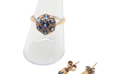 A GOLD, SAPPHIRE AND DIAMOND CLUSTER RING AND A PAIR OF SAPPHIRE EARRINGS.